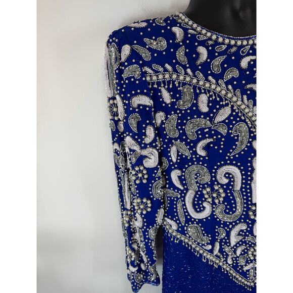 Vintage Silk Cocktail Dress Blue Sequin Beaded Avant Garde - Scala Size Med/Lrg - Picture 9 of 16